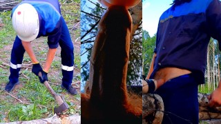 A lumberjack fucks a found masturbator while a colleague watches him