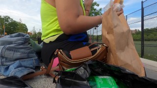 Day with Wife no bra side boob shirt with pierced nipples in public fl...