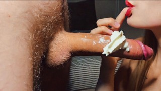 Big cock in whipped cream. Close up Blowjob with cum in mouth