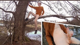 Slimed twink climbing trees! Massive creamy cumshot.