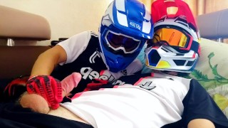 Two guys in helmets masturbate and cum