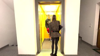 Porno attrice amatoriale incontra un fan in ascensore e lo scopa. (Dia...