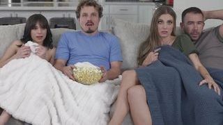 Scary Movie Night with Aria Valencia and Kenzie Love turns into Steamy...